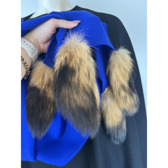 Vintage Cest Simone Black Blue Cape Cloak Coat Wool Fur Tails Trim Long Scarf - Picture 7 of 11